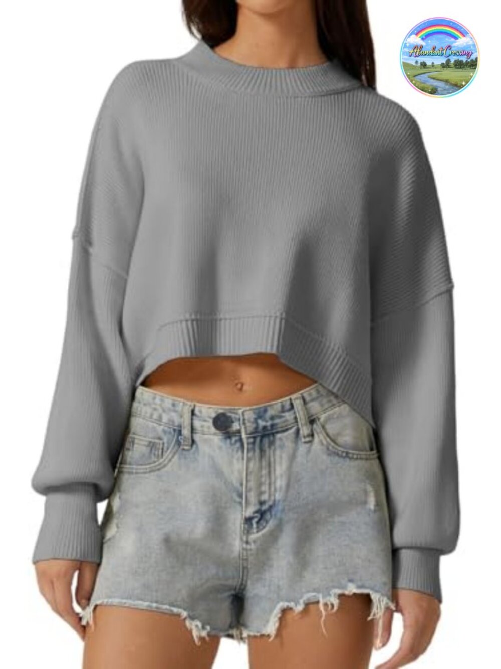 Womens Cropped Pullover Sweater Mock Neck Long Sleeve Drop Shoulder Oversized